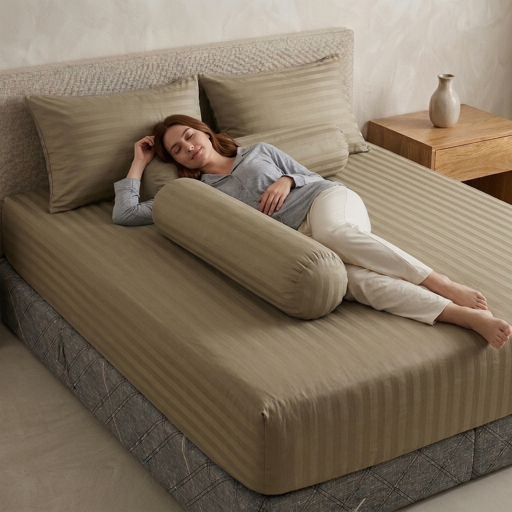 Bộ Drap Ga Gối Cotton Poly Cao Cấp Sọc Satin Sang Trọng - 3 Màu: Xám Đậm, Nâu Khaki, Xám Nhạt - Đầy Đủ Kích Thước